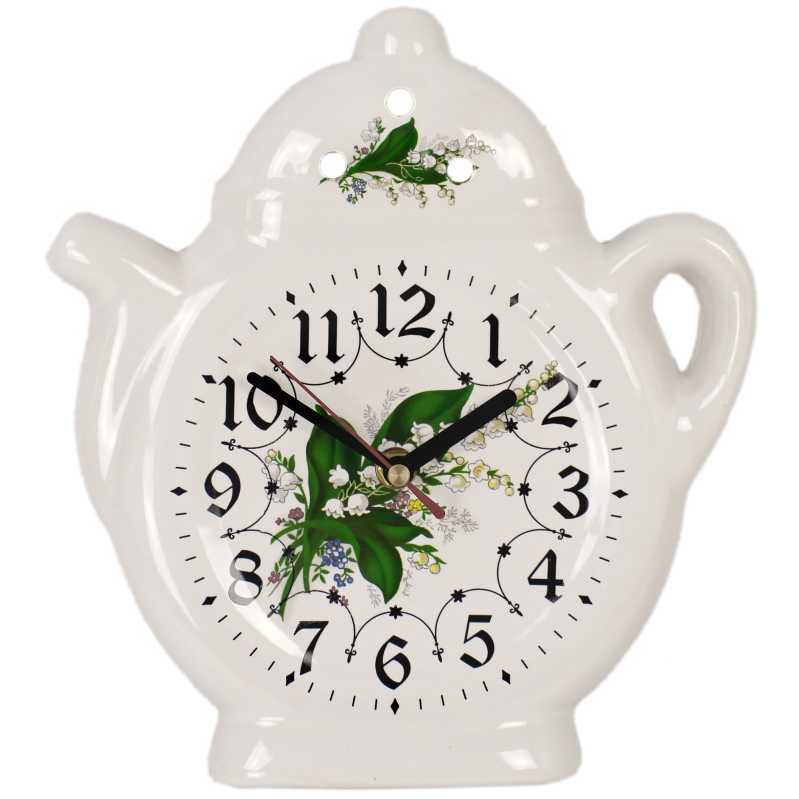 weiße keramik uhr in der teekanne form verziert mit maiglöckchen