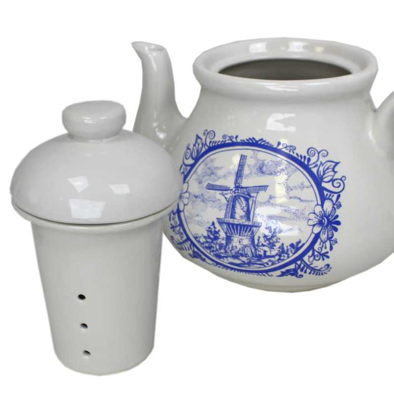 weiße keramik kanne von ein liter inhalt und mit siebeinsatz und dem passenden stövchen verziert mit windmühle in blau