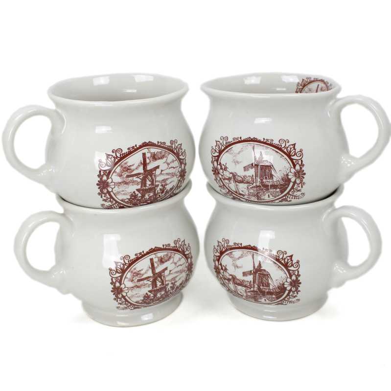 vier weiße keramik tassen von 0,35 liter inhalt verziert mit windmühle in braun