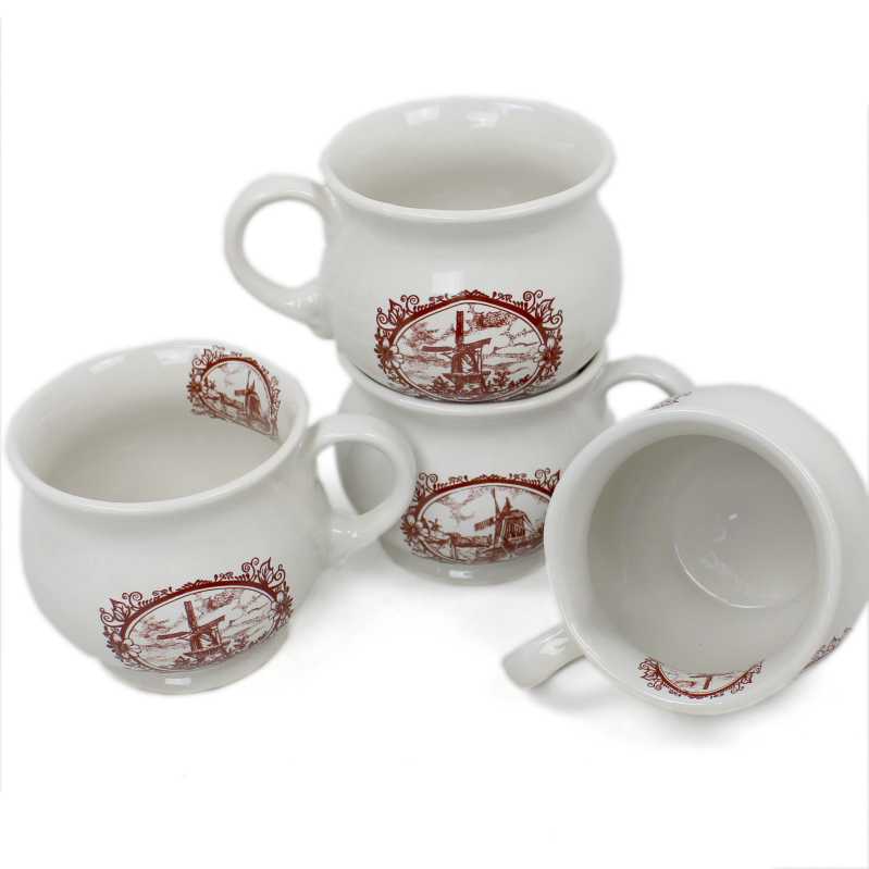 vier weiße keramik tassen von 0,35 liter inhalt verziert mit windmühle in braun
