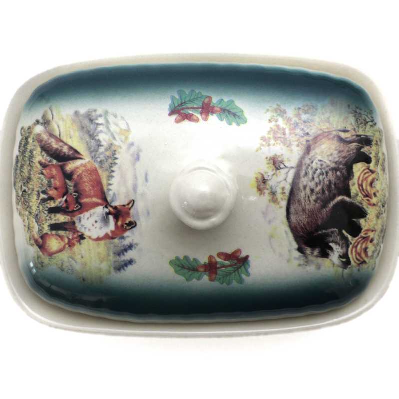 weiße keramik butterdose für ein stück butter von 250 gramm in ovaler form und verziert mit wild motiv