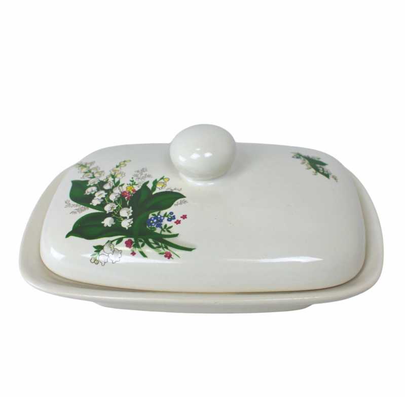 weiße keramik butterdose für ein stück butter von 250 gramm in ovaler form und verziert mit maiglöckchen