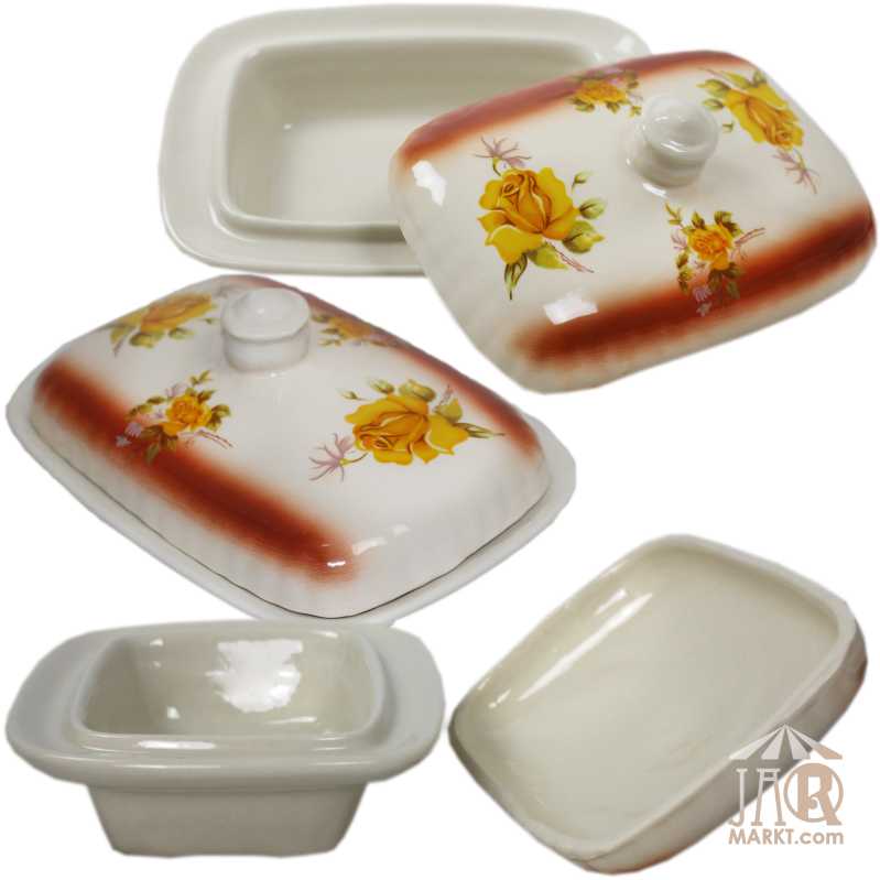 weiße keramik butterdose für ein stück butter von 250 gramm in ovaler form und verziert mit rosen in gelb