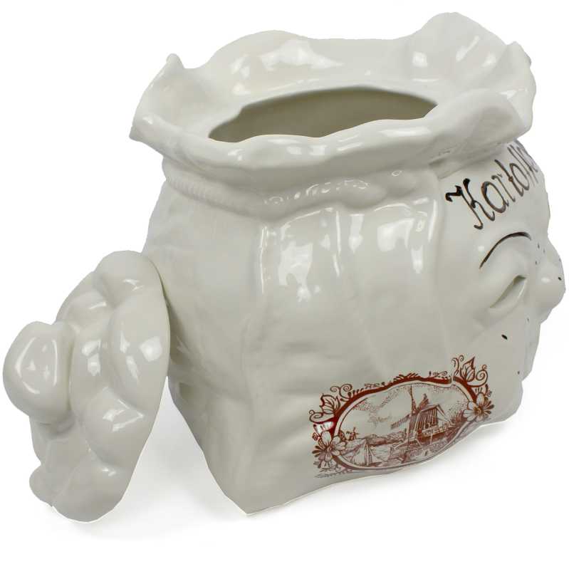 weißer keramik topf in der sackform von 4 liter verziert mit windmühle in braun