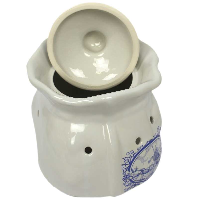 weißer keramik topf in der sackform von 2,5 liter verziert mit windmühle in blau
