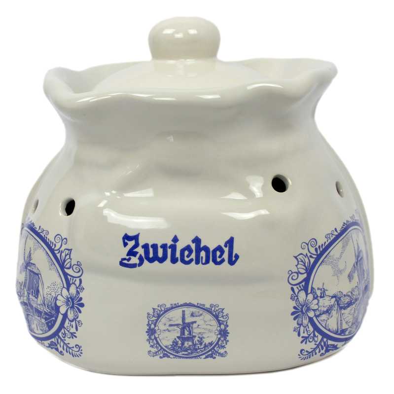 weißer keramik topf in der sackform von 2,5 liter verziert mit windmühle in blau