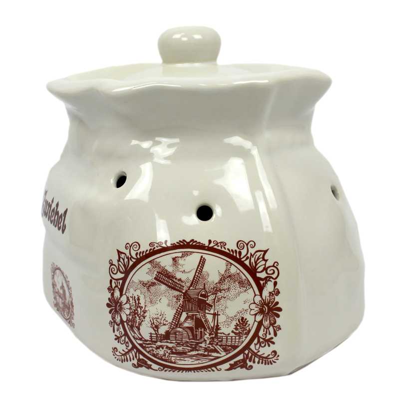 weißer keramik topf in der sackform von 2,5 liter verziert mit windmühle in braun
