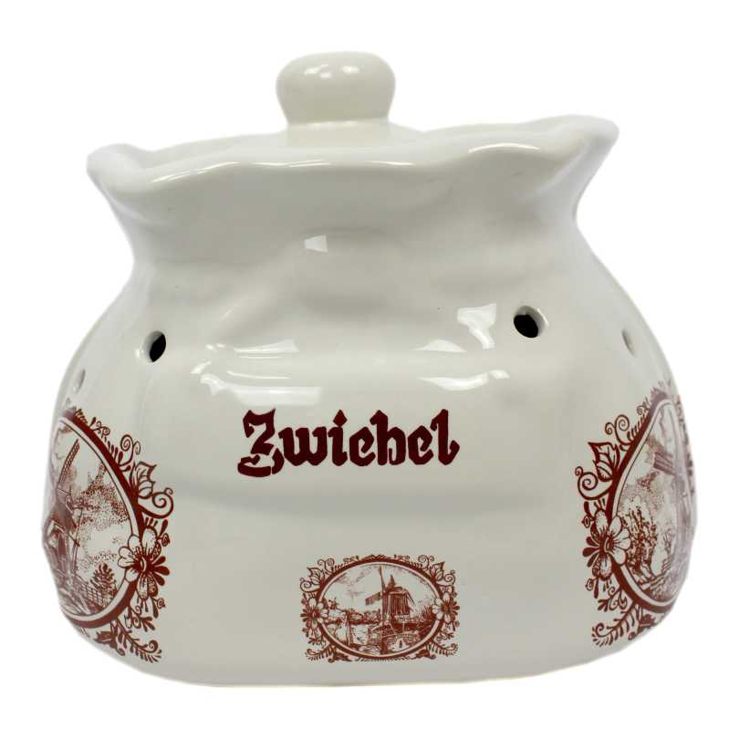 weißer keramik topf in der sackform von 2,5 liter verziert mit windmühle in braun