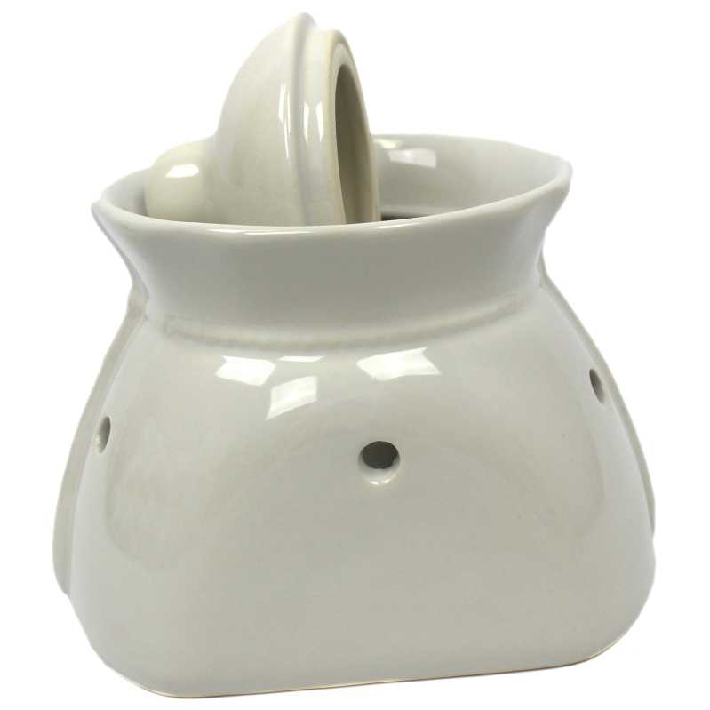 weißer keramik topf in der sackform von 1 liter verziert mit windmühle in braun