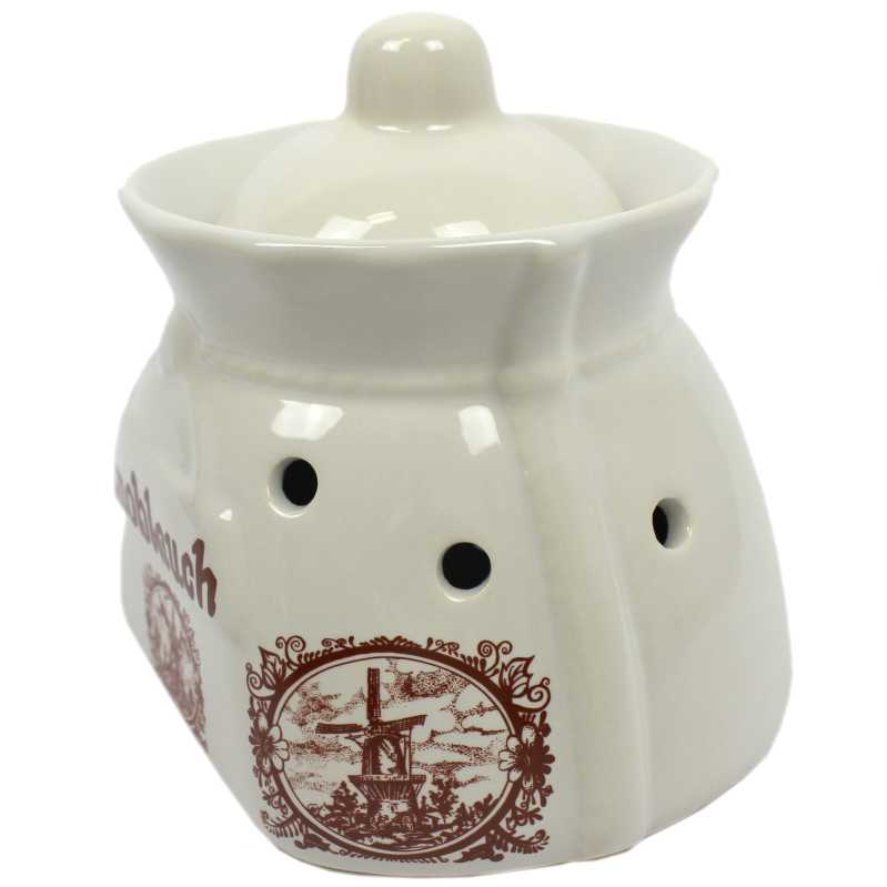 weißer keramik topf in der sackform von 1 liter verziert mit windmühle in braun
