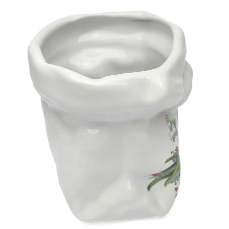 weißer keramik topf in der sackform von 0,5 liter verziert mit maiglöckchen