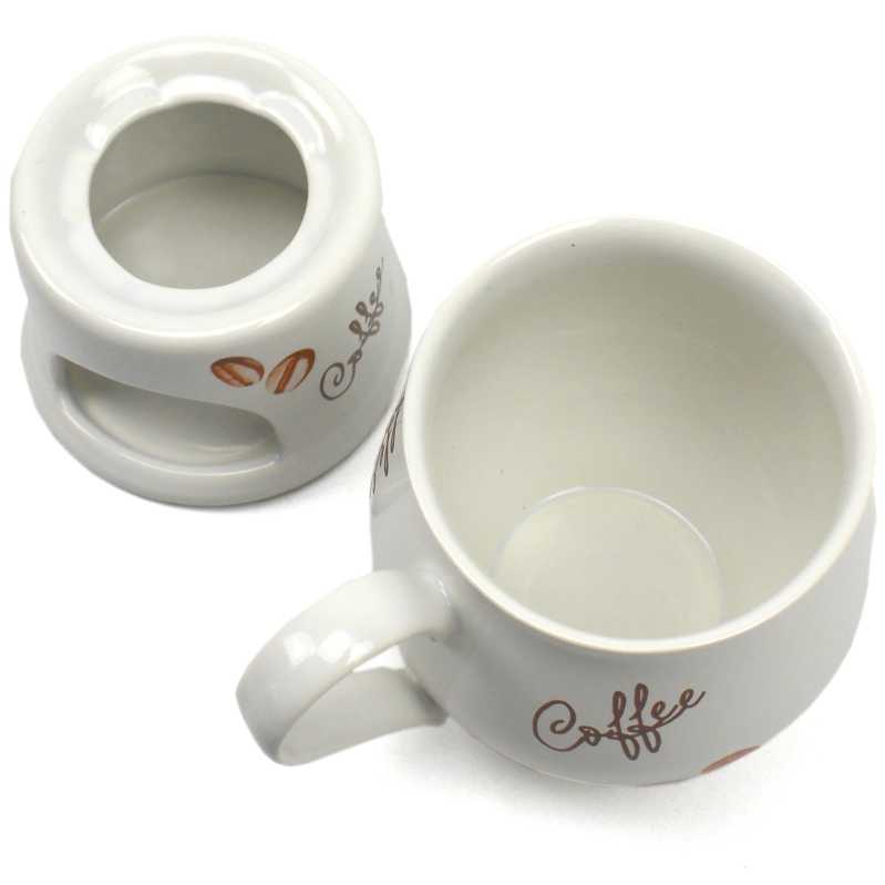 keramik tasse von 0,4 liter mit stövchen  inhalt verziert mit kaffee