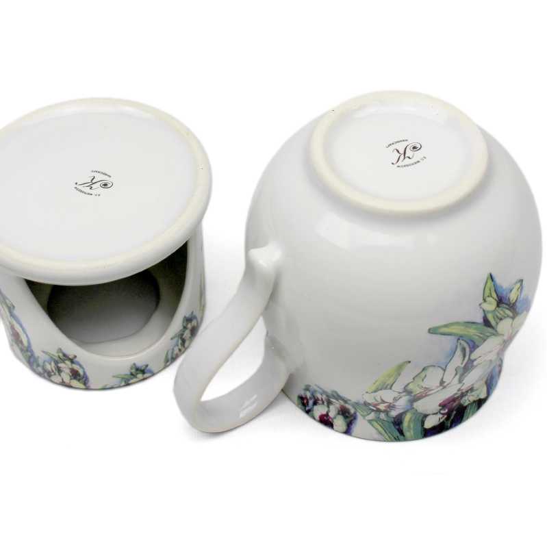 keramik tasse von 0,4 liter mit stövchen  inhalt verziert mit Orchidee