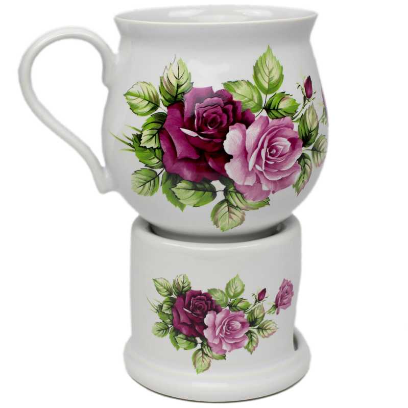 keramik tasse von 0,4 liter mit stövchen  inhalt verziert mit rosen