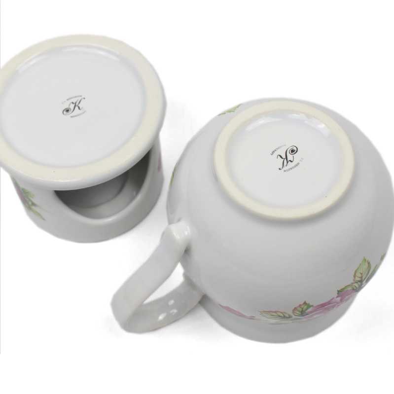 keramik tasse von 0,4 liter mit stövchen  inhalt verziert mit rosen