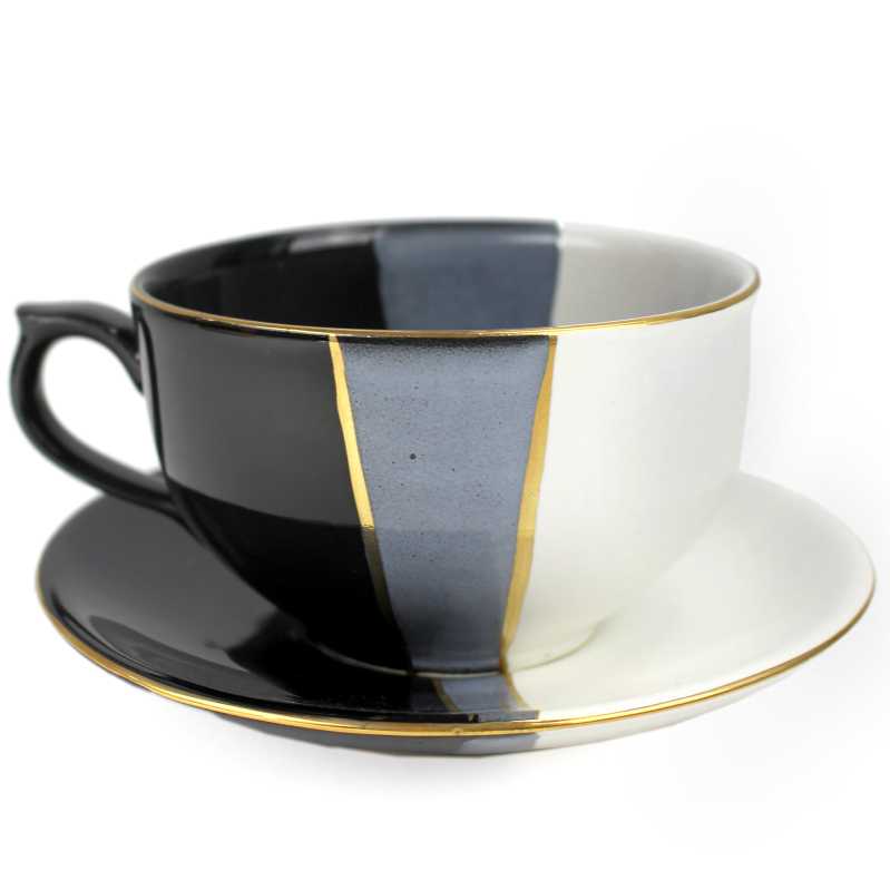 Tasse 0,25 l + Untertasse - Type Roxana - Schwarz - Weiß - Gold