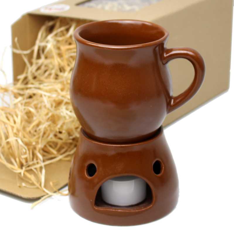 Geschenk - Set mit Trinktasse 0,22 l mit Stövchen in Hellbraun matt