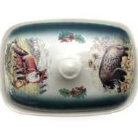 weiße keramik butterdose für ein stück butter von 250 gramm in ovaler form und verziert mit wild motiv